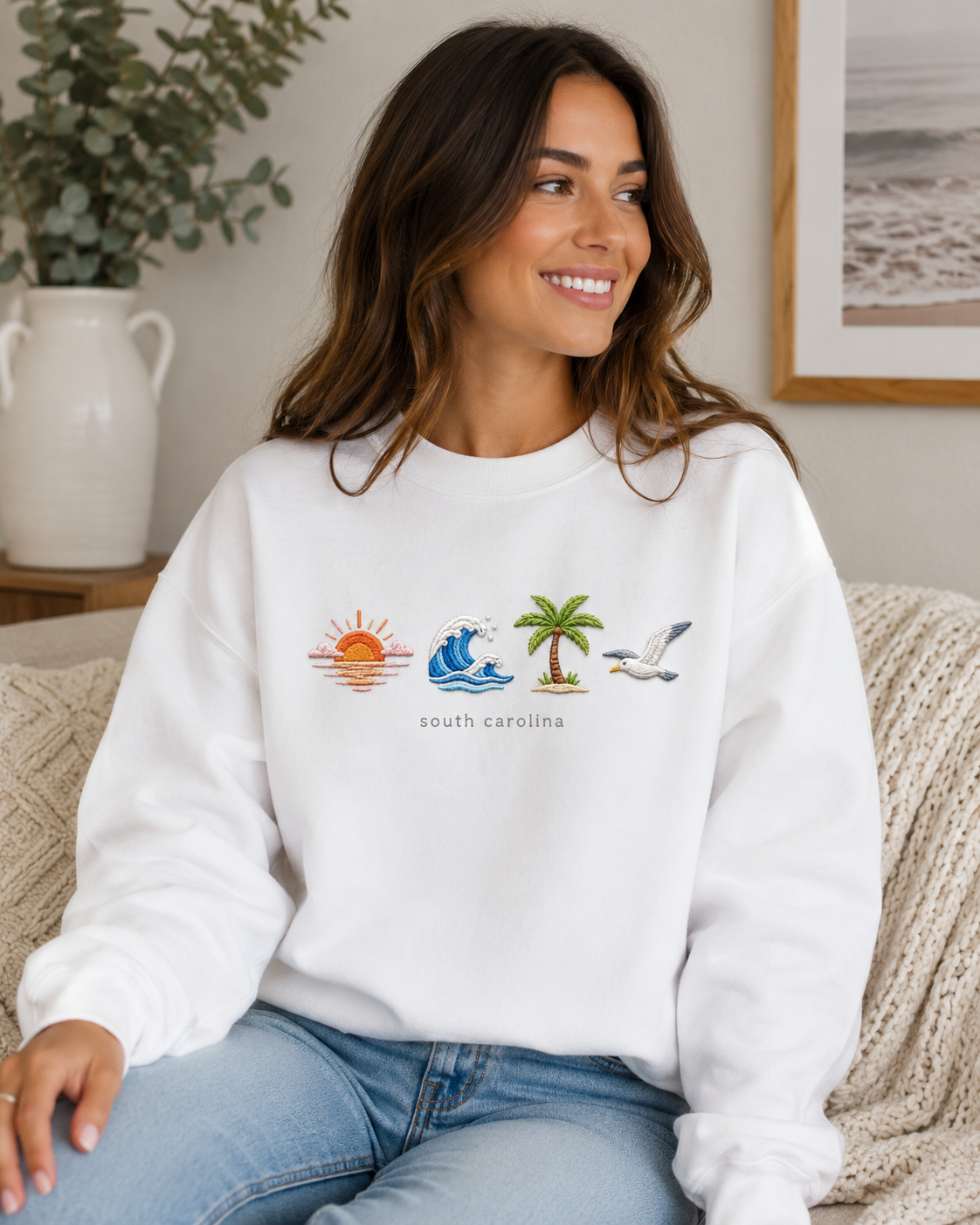 South Carolina Coastal Embroidered Sweatshirt – Sun, Ocean Wave, Palm Tree & Seagull