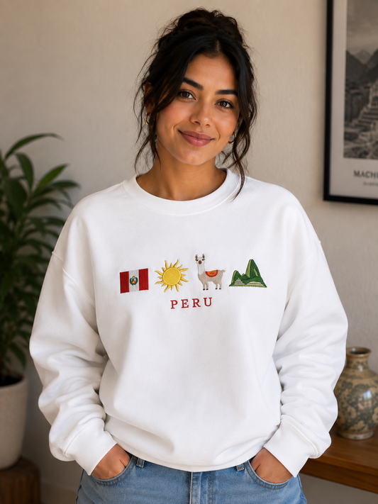 Peru Embroidered Sweatshirt | Peruvian Flag & Cultural Icons | Unisex Crewneck Gift