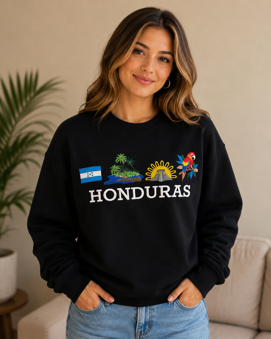Honduras Embroidered Sweatshirt | Honduran Flag & Tropical Icons | Unisex Crewneck Gift