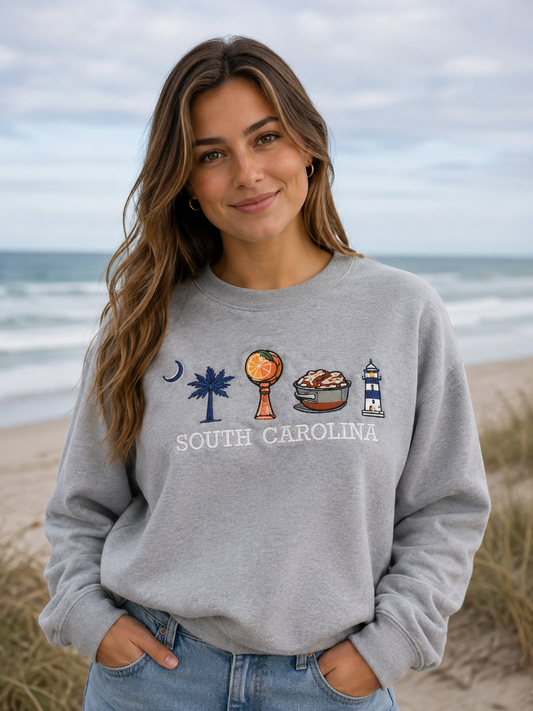 South Carolina Icons Sweatshirt | Palmetto, Gaffney Peach, Lighthouse & Boiled Peanuts Crewneck