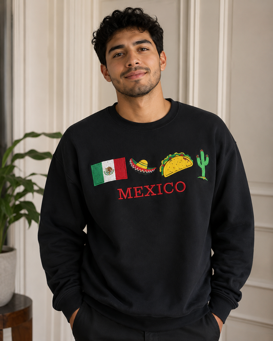 Mexico Embroidered Sweatshirt | Mexican Flag & Cultural Icons, Taco | Unisex Crewneck Gift