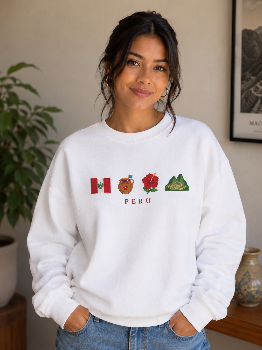 Peru Embroidered Sweatshirt | Peruvian Flag & Cultural Icons | Unisex Crewneck Gift